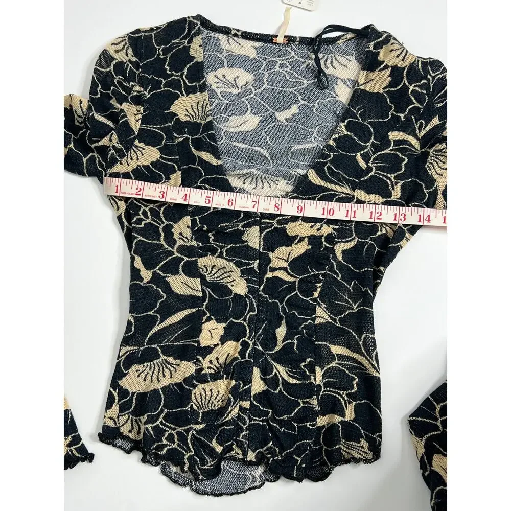 Free People Through The Meadow Black Floral Ruched Long Sleeve Mesh Knit Top XS